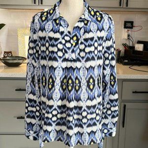 Jones New York Tunic Vibrant Blue Print Tabbed Sleeves Size Large
